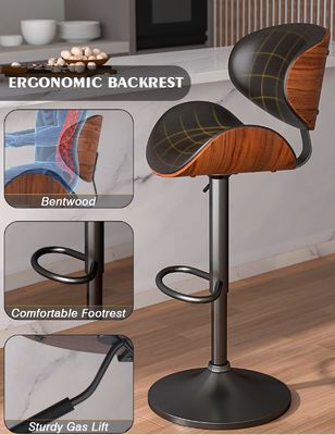 Silla de bar tapizada de cuero PU para exteriores con respaldo y reposapiés de altura ajustable