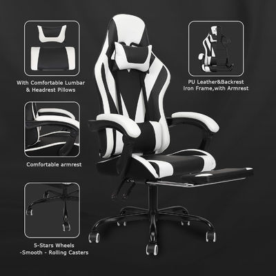 Silla de juegos de video ergonómica de cuero sintético con respaldo de pie