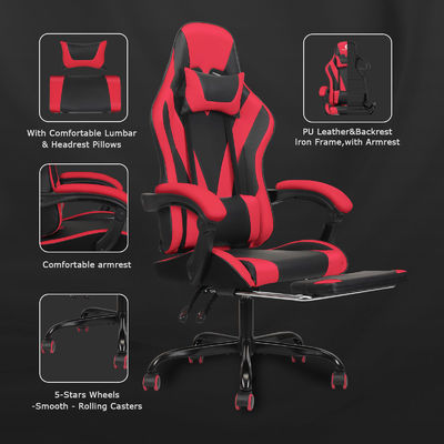 Silla de juego de carreras de cuero sintético con respaldo para los pies y altura ajustable