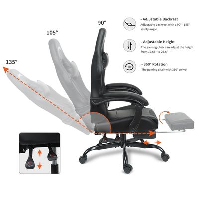 Silla de juego ajustable en altura con soporte lumbar y reposapiés de color personalizado