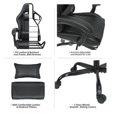 Silla de juego ajustable en altura con soporte lumbar y reposapiés de color personalizado