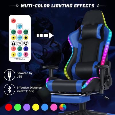 Silla giratoria de juego RGB de color de cuero personalizado con barra de luz LED y función de masaje