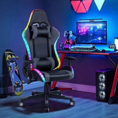 Confortable silla giratoria de juego de cuero falso con barra de luz LED y función de masaje