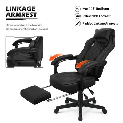 La silla de juegos de PU de ALINUNU es ergonómica y ajustable para largas sesiones de juego.