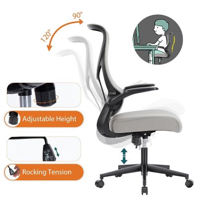 Silla de malla con respaldo alto con reposabrazos abatibles y apoyo lumbar incluido