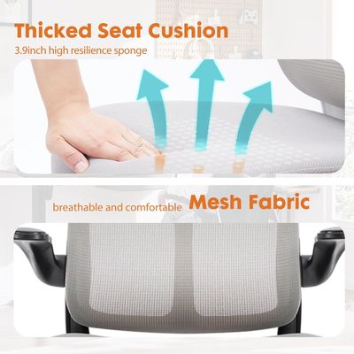 Silla de malla con respaldo alto con reposabrazos abatibles y apoyo lumbar incluido
