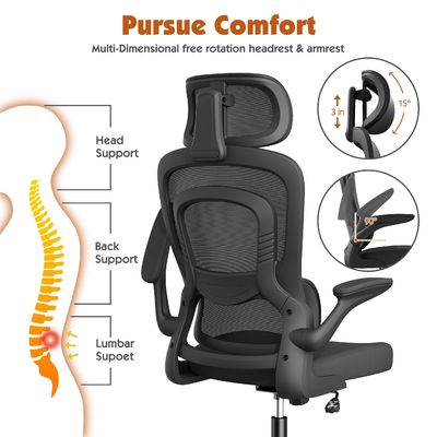 Silla de oficina de malla ergonómica de diseño moderno de metal con soporte lumbar y brazos abatibles