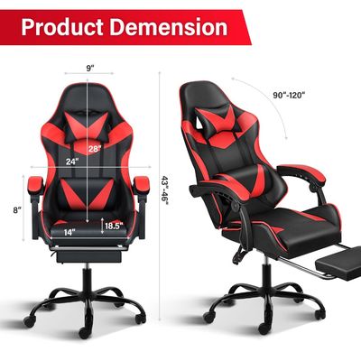 Silla ergonómica para juegos con reposapiés y soporte lumbar 20&quot;D x 25&quot;W x 46&quot;H/360 giratorio