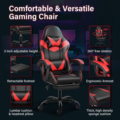 Silla ergonómica para juegos con reposapiés y soporte lumbar 20&quot;D x 25&quot;W x 46&quot;H/360 giratorio