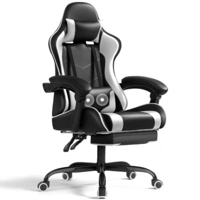 Silla de juego reclinable ajustable en altura con reposapiés y soporte lumbar para masajes