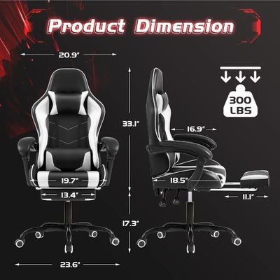 Silla de juego reclinable ajustable en altura con reposapiés y soporte lumbar para masajes