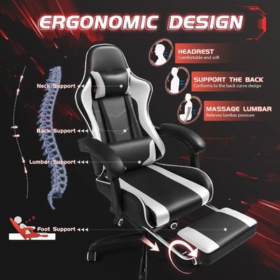 Silla de juego reclinable ajustable en altura con reposapiés y soporte lumbar para masajes