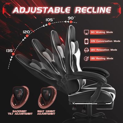 Silla de juego reclinable ajustable en altura con reposapiés y soporte lumbar para masajes