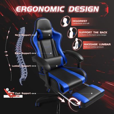 Silla de juego ergonómica de espalda sólida con reposapiés y apoyo lumbar de masaje