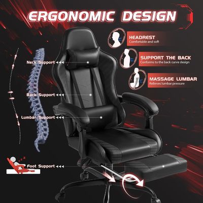 Silla de juego de computadora ergonómica de estilo moderno con reposapiés y masaje de apoyo lumbar