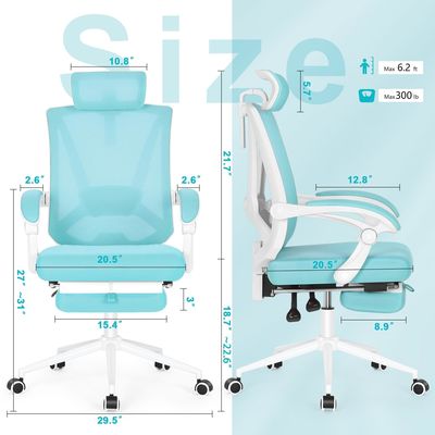 Silla de oficina giratoria 360 con soporte lumbar y reposapiés ajustables en 2D