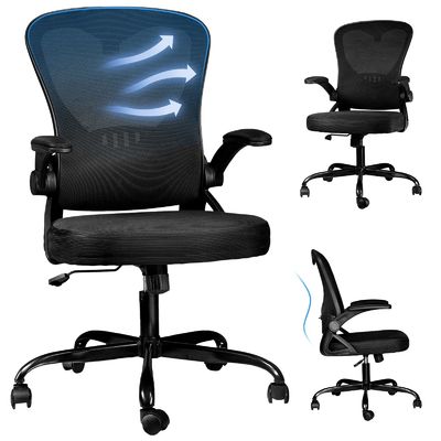 Silla de oficina de malla ergonómica con brazos abatibles con 360 giratorios y ajuste de altura