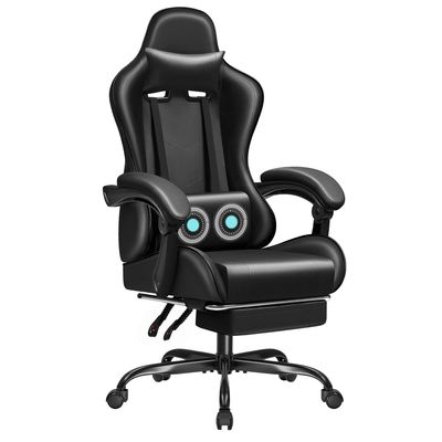 Silla de juego de carreras de cuero sintético con soporte lumbar de masaje y asiento giratorio 360