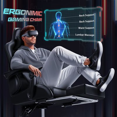 Silla de juego de carreras de cuero sintético con soporte lumbar de masaje y asiento giratorio 360