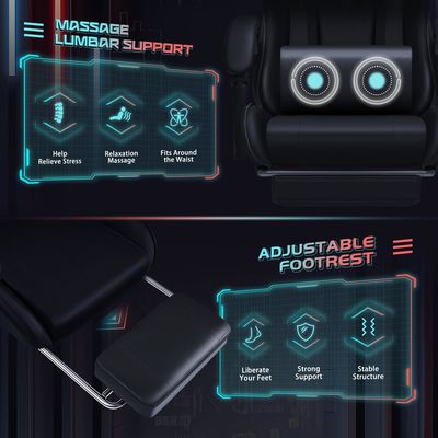 Silla de juego de carreras de cuero sintético con soporte lumbar de masaje y asiento giratorio 360