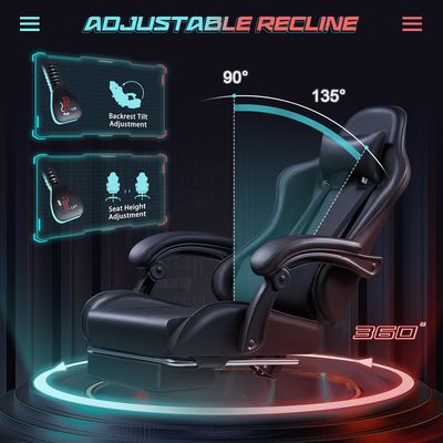 Silla de juego de carreras de cuero sintético con soporte lumbar de masaje y asiento giratorio 360