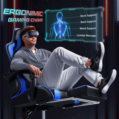 Silla de juego de carreras de cuero sintético con soporte lumbar de masaje y asiento giratorio 360