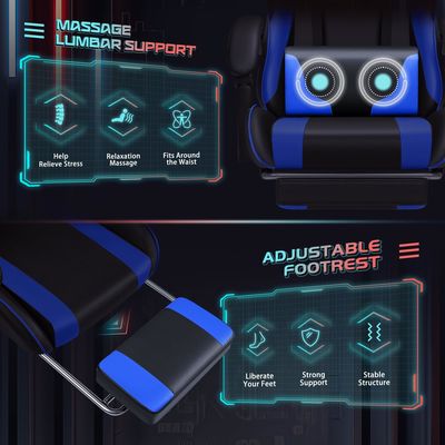 Silla de juego de carreras de cuero sintético con soporte lumbar de masaje y asiento giratorio 360
