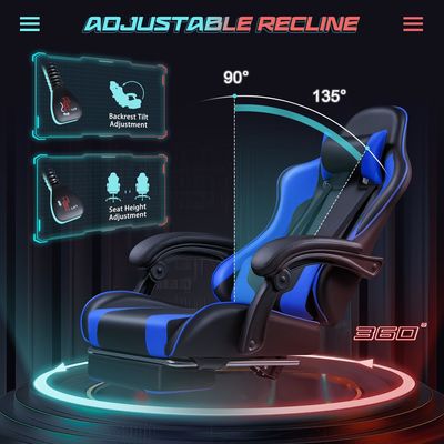 Silla de juego de carreras de cuero sintético con soporte lumbar de masaje y asiento giratorio 360