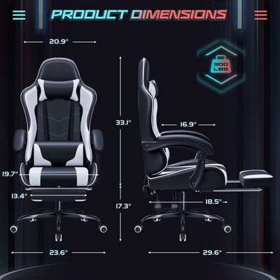 Silla de juegos de carreras con soporte lumbar de masaje y asiento giratorio 360 18.5 &quot;D x 23.61&quot; W x 50.4&quot; H