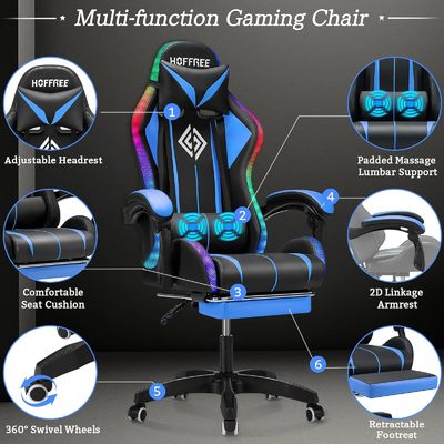 Silla de juego de masaje por ordenador ergonómico directo con reposapiés y luces LED
