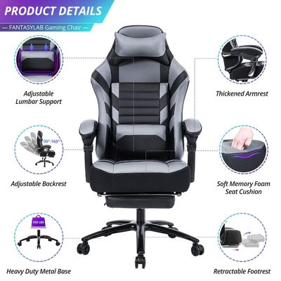 Silla de juego de color personalizada con reposapiés de espuma de memoria ajustable con ángulo de inclinación hacia atrás