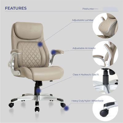 Silla de oficina ergonómica de cuero de PU con soporte lumbar y reposabrazos flexibles