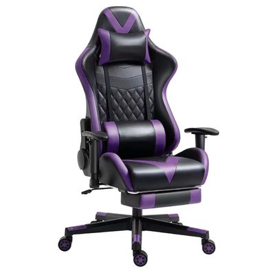 Silla de juego ajustable con reposabrazos y masaje en cuero púrpura