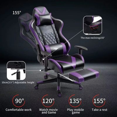Silla de juego ajustable con reposabrazos y masaje en cuero púrpura