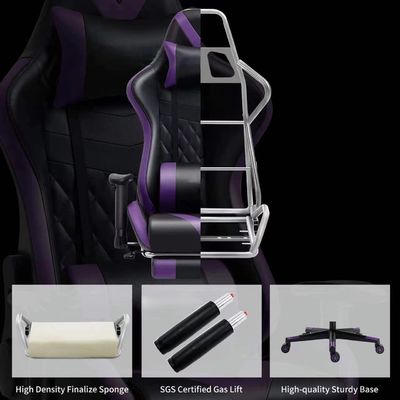 Silla de juego ajustable con reposabrazos y masaje en cuero púrpura