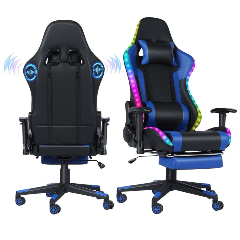 Silla giratoria de juego RGB de color de cuero personalizado con barra de luz LED y función de masaje