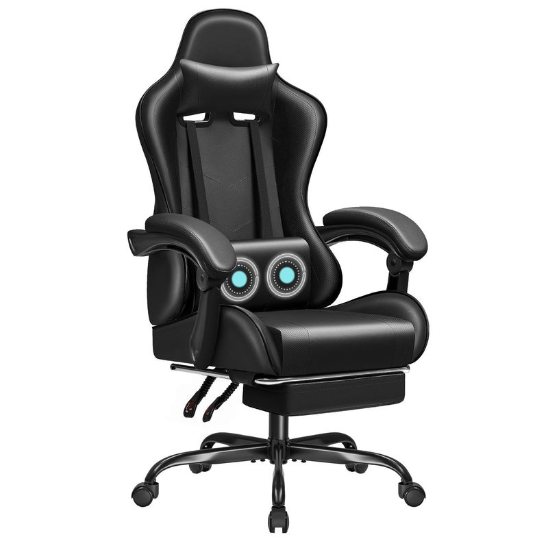 Silla de juego de carreras de cuero sintético con soporte lumbar de masaje y asiento giratorio 360