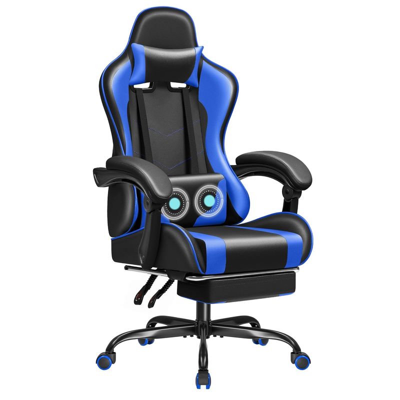 Silla de juego de carreras de cuero sintético con soporte lumbar de masaje y asiento giratorio 360