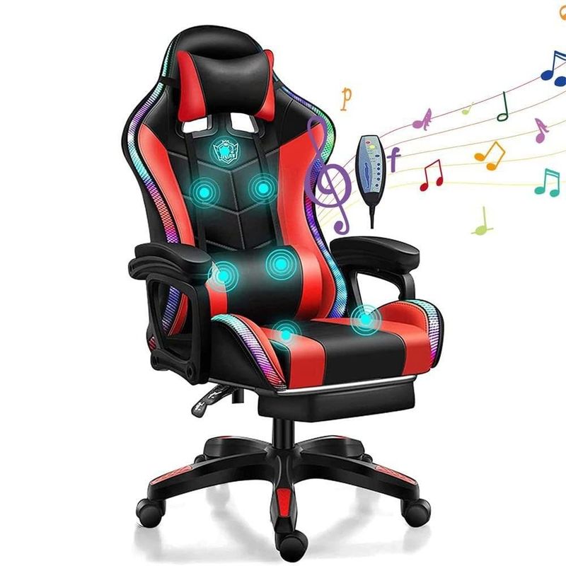 Silla de juego RGB con altavoces de masaje de 7 puntos y luz LED en cuero sintético