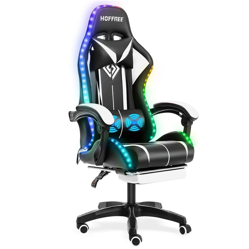 Silla de juegos de masaje de ordenador ergonómico de color personalizado con luces LED y reposapiés