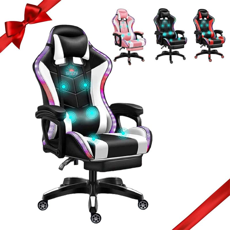 Silla de juegos de masaje de PC ALINUNU Silla LED giratoria de carreras con altavoces y almohada lumbar