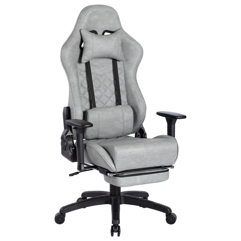 Silla de juegos de diseño moderno con reposapiés y 3 elevadores de gas de cuero de PU de espalda alta ajustable